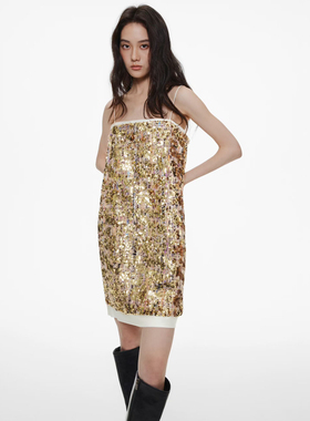 时髦高级感小香风香槟金亮片吊带裙H版连衣裙女