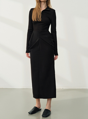 25秋季黑色收腰拼接长袖连衣裙304380