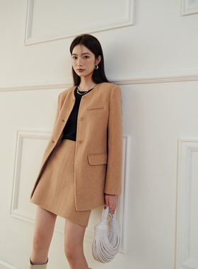 25秋冬/时尚咖色小香外套羊毛短半裙套装