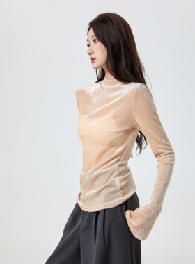 25冬时尚独特别致内搭焦糖桔丝绒网纱修身高级感打底上衣女