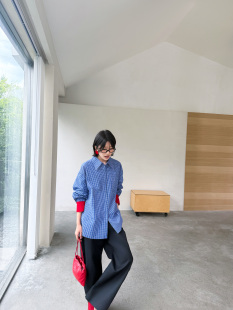 25F秋 撞色宽松蓝色格子衬衣上衣女士 时尚