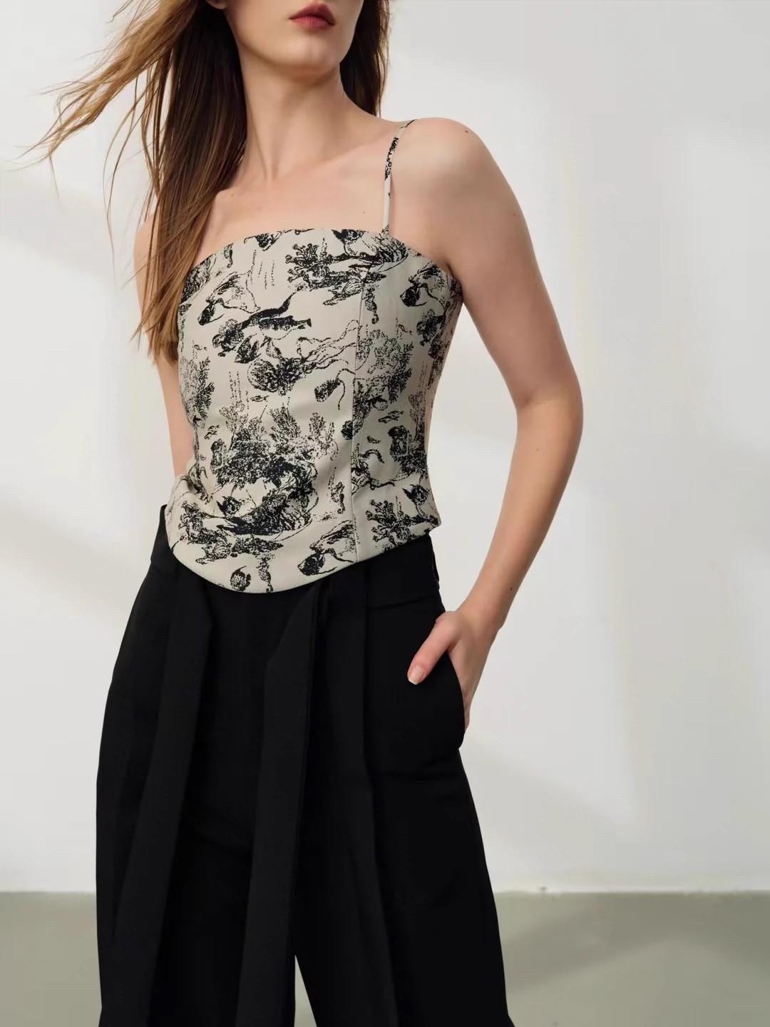 时尚美式辣妹风灰色国风收腰吊带抹胸背心上衣