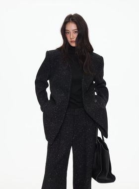 25秋冬时髦高级感御姐风套装黑色粗花呢羊毛西装外套直筒裤两件套