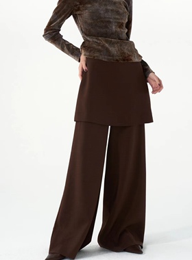 25秋/高级感咖色高腰假两件拖地阔腿裙裤女士310506