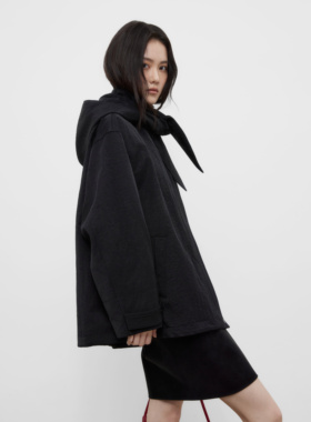 25F秋/ 时尚肌理纹可拆卸帽领拉链宽松黑色外套