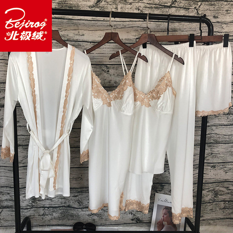 胸垫五件套韩版丝绸睡衣女秋冬季性感吊带睡袍套装冰丝睡裙家居服