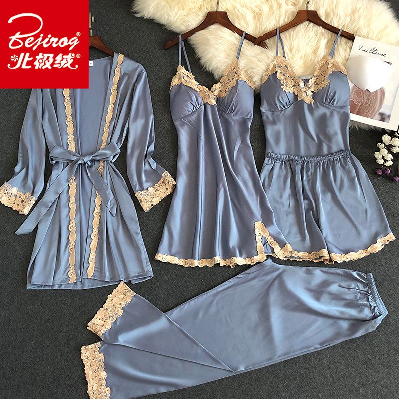 带胸垫睡衣女士夏季冰丝绸性感吊带睡裙五件套睡袍可外穿春秋薄款
