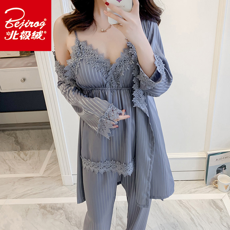 冰丝性感睡衣女夏薄款四件套吊带睡裙带胸垫火辣私房诱惑春秋睡袍