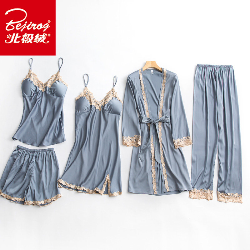 睡衣女春秋五件套冰丝绸性感女士夏季薄款吊带睡裙带胸垫睡袍睡裤