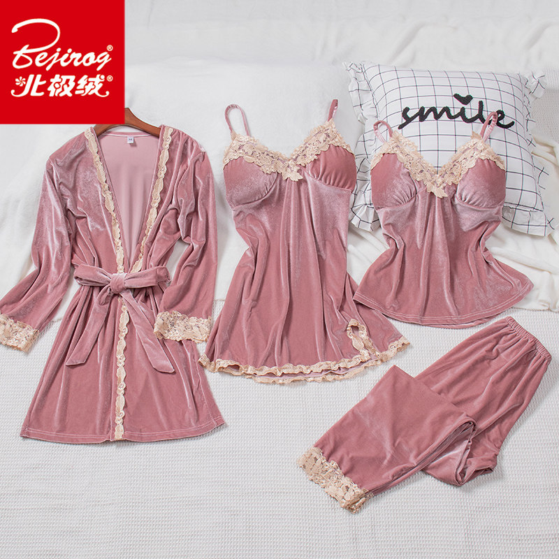 睡衣女春秋冬金丝绒四件套装带胸垫性感睡裙睡袍韩版可外穿家居服