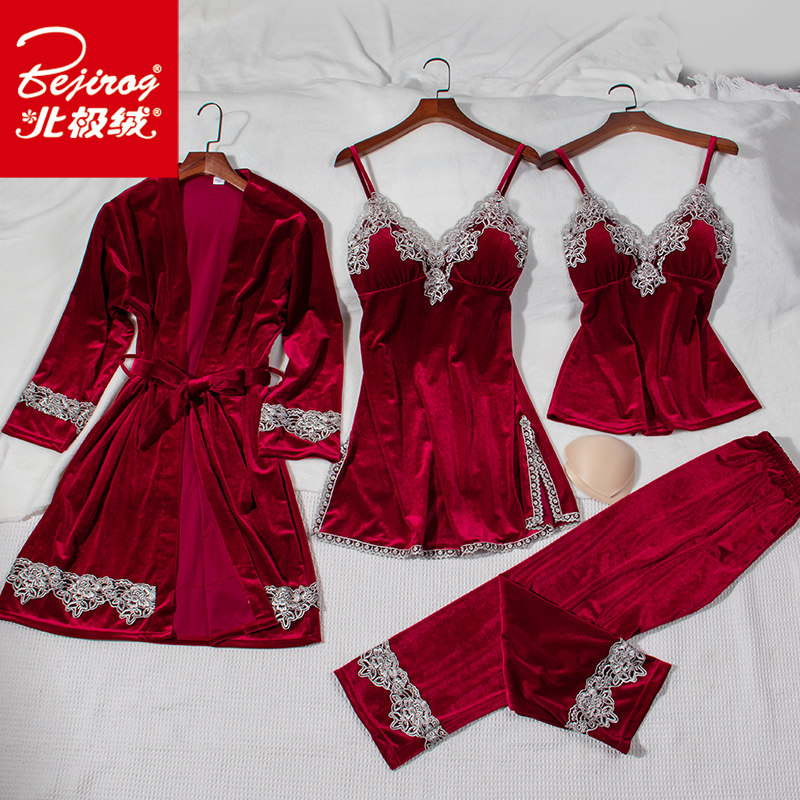 金丝绒性感睡衣女春秋冬吊带带胸垫睡裙睡袍长睡裤四件套装家居服