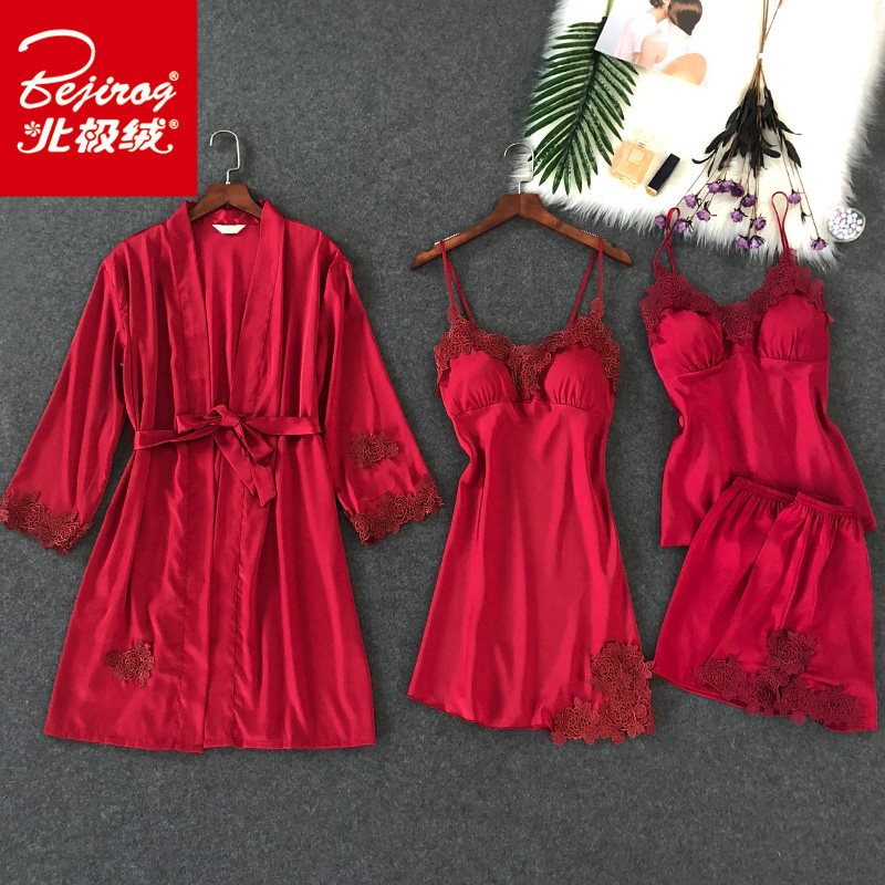 性感睡衣女夏睡袍四件套冰丝吊带裙带胸垫聚拢小胸成人火辣家居服
