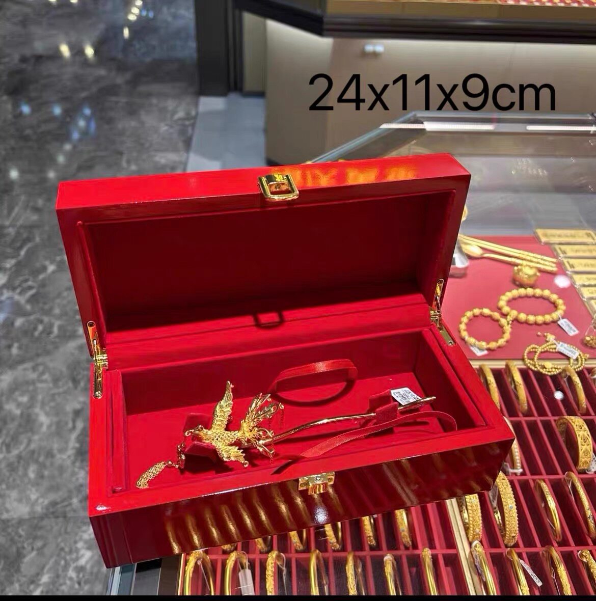 珠宝凤钗盒现货婚庆婚嫁木制红绒黄金珠宝首饰收纳盒发簪盒中国风