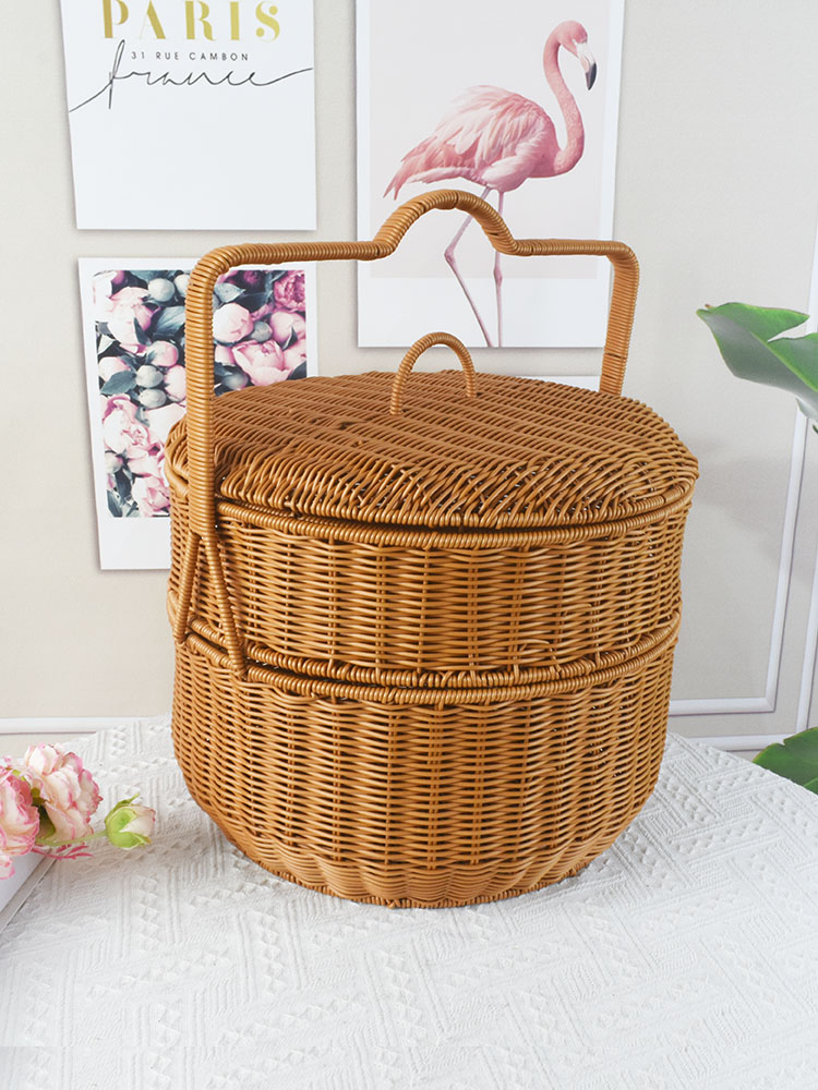 仿藤手工编织拜拜篮圆形户外储物提篮野餐篮收纳筐带盖双层篮子