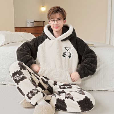 男士睡衣秋冬款珊瑚绒冬季加厚卡通休闲连帽保暖青少年家居服套装