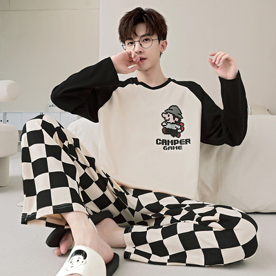 男士睡衣春秋季纯棉薄款长袖卡通青少年可外穿秋季学生家居服套装