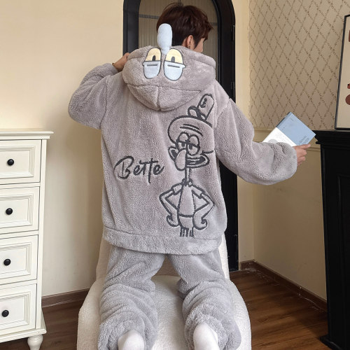 男士睡衣秋冬款珊瑚绒冬季加厚加绒卡通青少年开衫连帽家居服套装