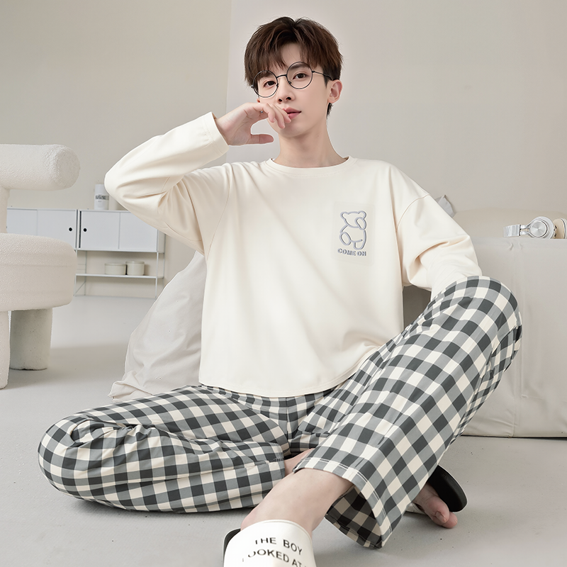 男士睡衣春秋款长袖纯棉薄款休闲大码青少年可外穿格子家居服套装