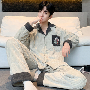 保暖家居服套装 男士 可外穿冬季 法兰绒提花卡通翻领开衫 睡衣秋冬款