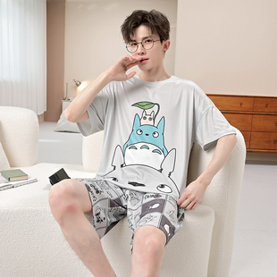 睡衣夏季 夏天家居服套装 短袖 学生薄款 冰丝凉感卡通龙猫加大码 男士