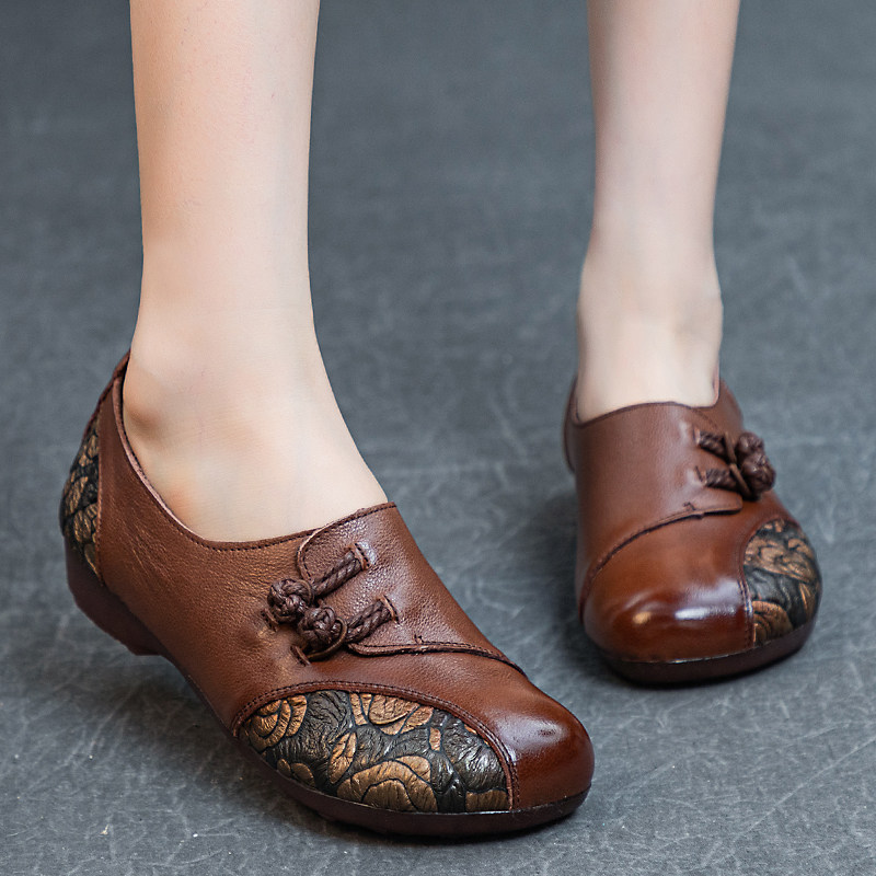 春新单鞋妈妈鞋软底舞鞋民族风真皮中年女鞋低跟舞蹈鞋手工圆头秋