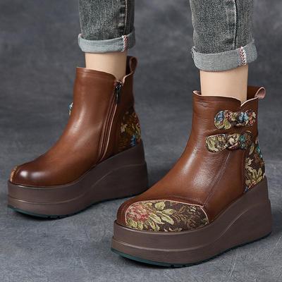 短靴妈妈高跟加绒坡跟厚底牛皮