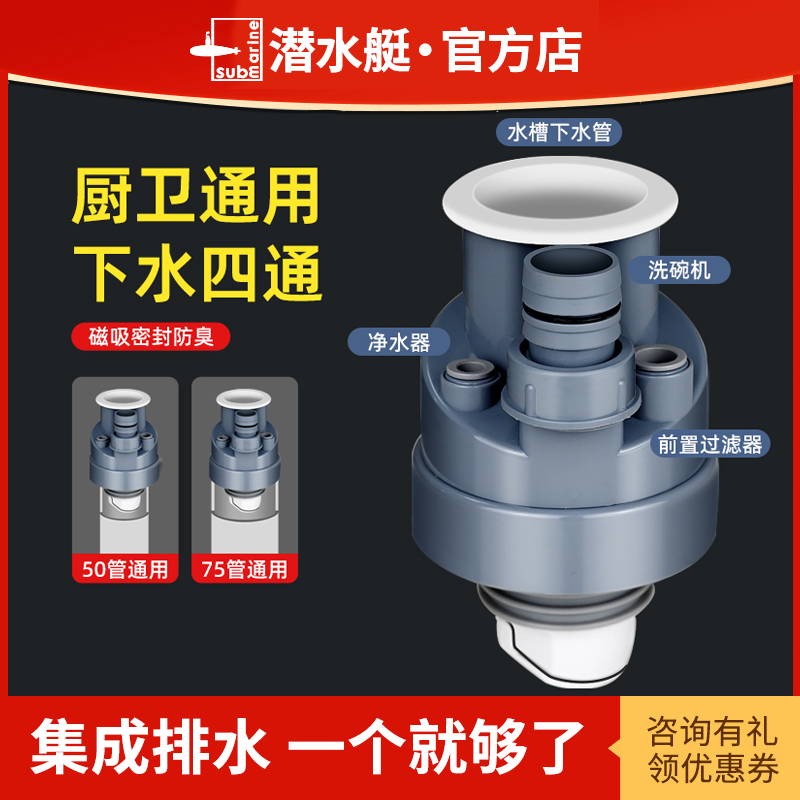 潜水艇厨房下水管三通洗碗机净水器多功能排水接头洗菜盆防臭神器