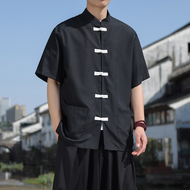 2024风新款盘扣男时尚休闲短袖衬衫414-CS211-P45,男装民族服装,四季星座414