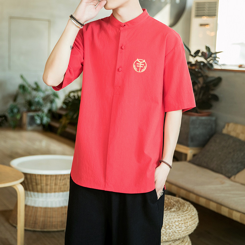 新款宽松风复古盘扣刺绣装饰短袖男衬衫414-C28,男装衬衫,四季星座414