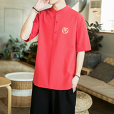 新款宽松风复古盘扣刺绣装饰短袖男衬衫414-C28，男装衬衫，四季星座414