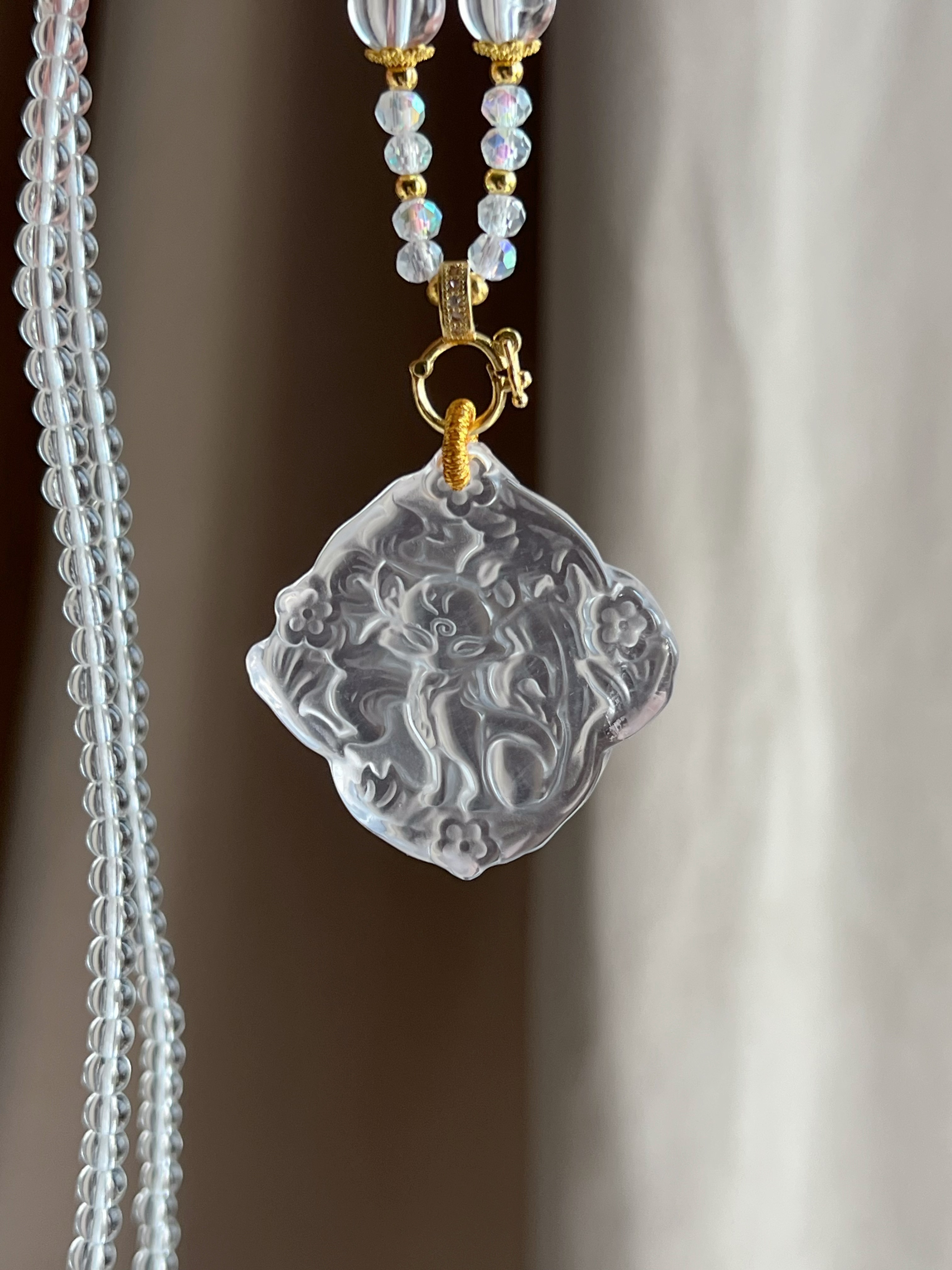 天然白水晶狐狸吊坠四方平安水晶项链狐牌学生锁骨链狐牌桃花