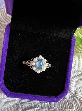 天然灰月光戒指拉长石戒指活扣精致百搭蓝光百搭韩版学生礼物女