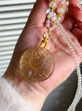 天然黄水晶狐狸可爱大眼狐可爱狐雕刻白水晶项链女友闺蜜礼物