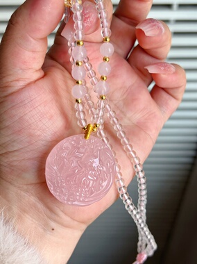 天然粉晶吊坠九尾美女狐花狐狸吊坠桃花爱情发财暴富礼物女百搭