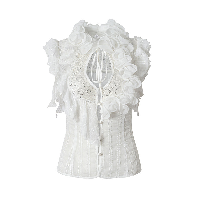 thumbnail for NO ROMANCE dream court ruffle bead patchwork receiving waist strap slimming chiffon sleeveless shirt top