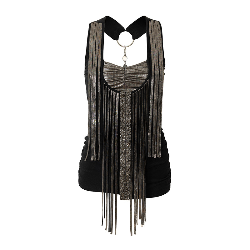 thumbnail for NO ROMANCE Modern Street Punk Spice Sequins Fringed Diamond Fake Two Piece Chain Halterneck Vest Top