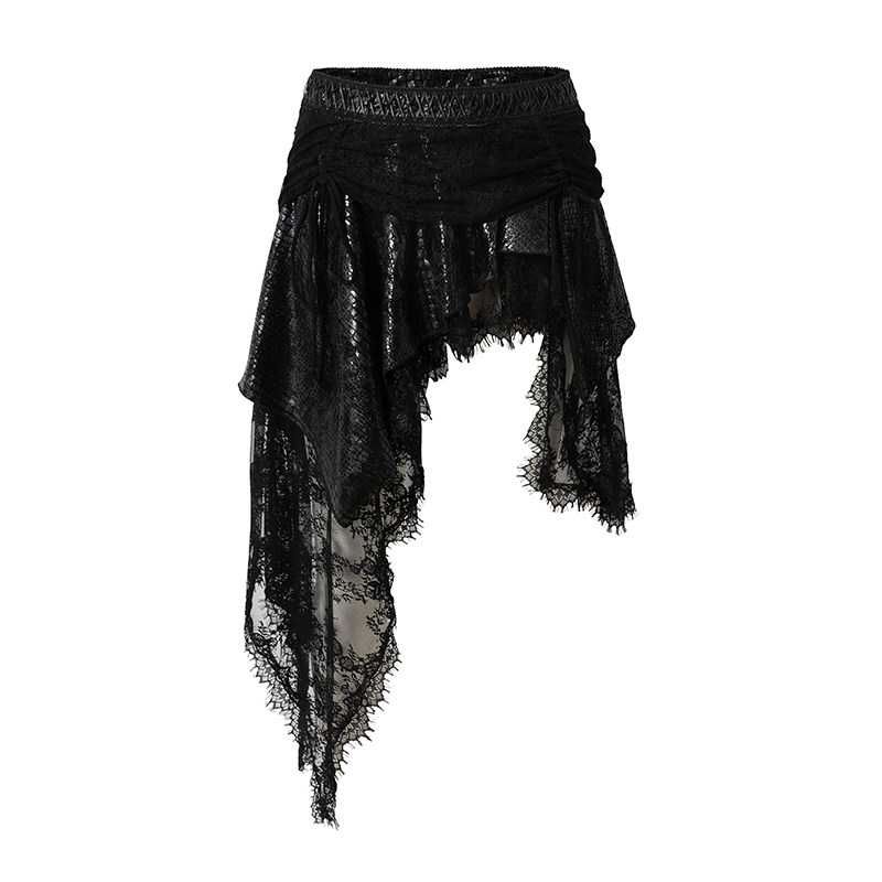thumbnail for NO ROMANCE Punk Court Baroque Velvet Lace Panel Cruffle Irregular A-Line Skirt Skirt