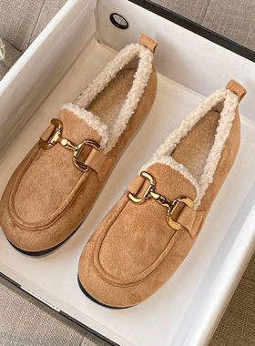 加绒豆豆鞋女秋冬毛毛鞋外穿小码33 34 平底棉瓢鞋大码女鞋41一43