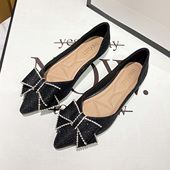 浅口蝴蝶结瓢鞋 女鞋 配裙子船鞋 尖头单鞋 平底大码 小码 41到43