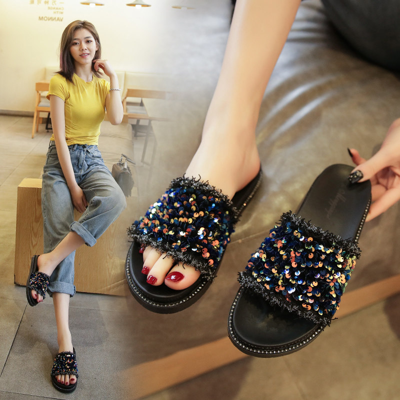 松糕厚底网红拖鞋女ins潮时尚外穿亮片沙滩凉鞋大码凉拖鞋41到43,女鞋,一字拖,淘宝优惠券,粉丝福利购,淘宝优惠卷