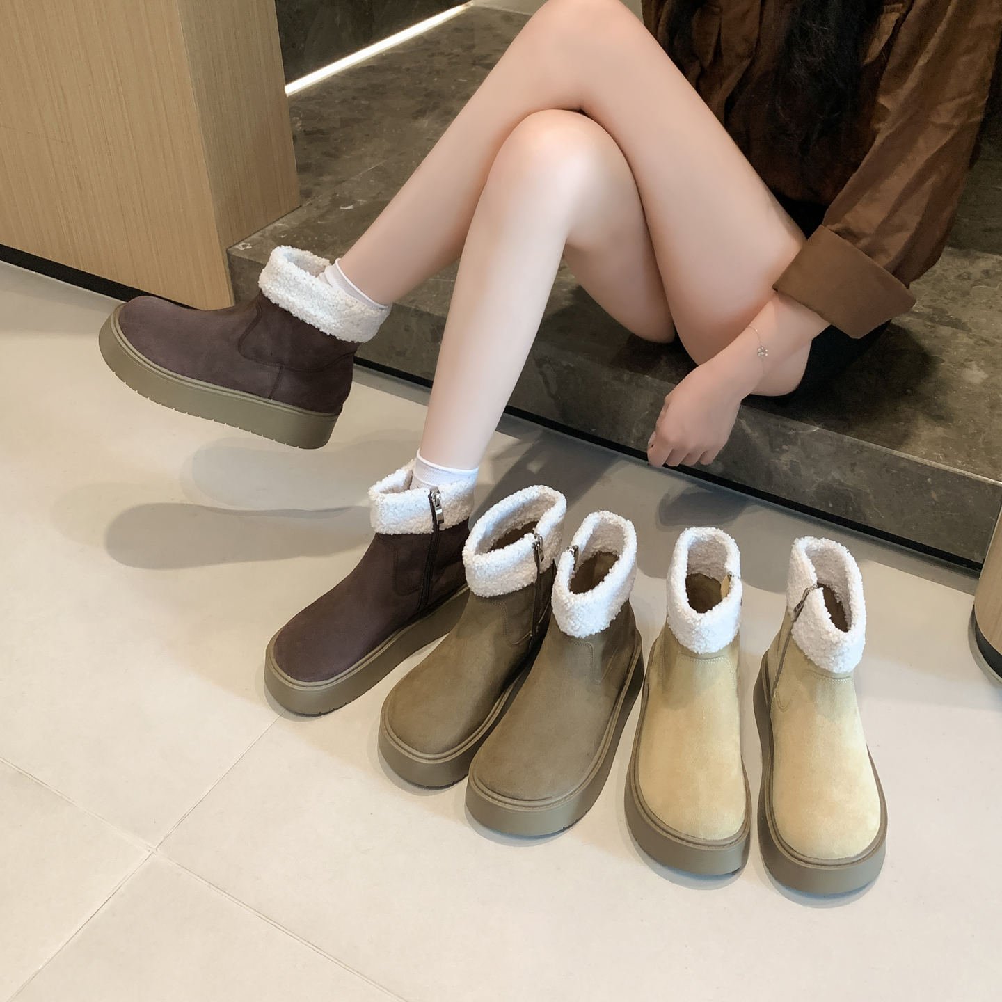 牛皮版~厚底雪地靴女冬2025加绒保暖小个子增高毛毛短靴小码32 33