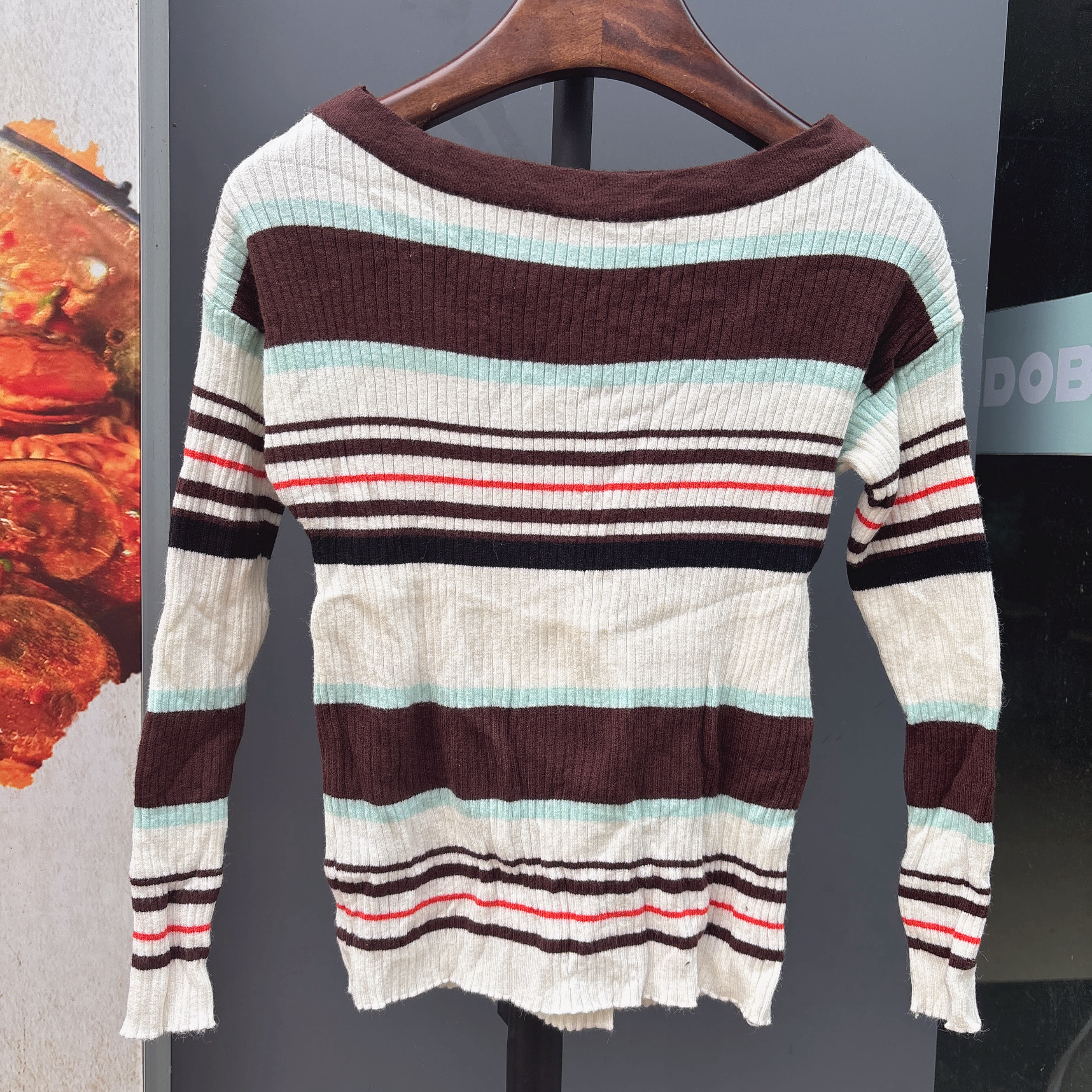 时尚条纹针织开衫女新款撞色横条纹弹力紧身打底针织衫长袖上衣女