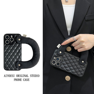 高档经典 手机壳腕带手提pura80全包m60便携防摔p50E创意iPhoneAir苹果17Promax女 皮质菱格适用华为mate70pro