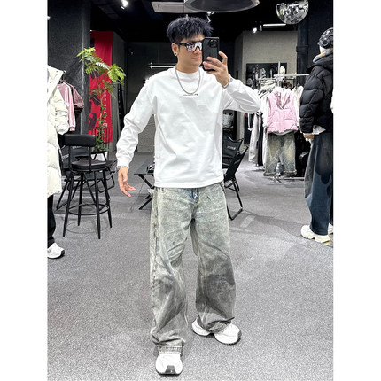 26春季全棉重磅简约长袖T恤男圆领宽松百搭痞帅高级感打底衫上衣