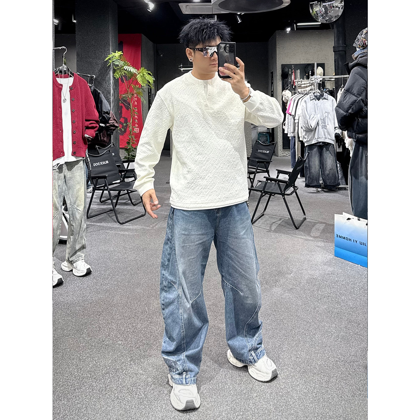 2026春季简约高级感圆领长袖针织衫男假两件设计感百搭卫衣打底衫