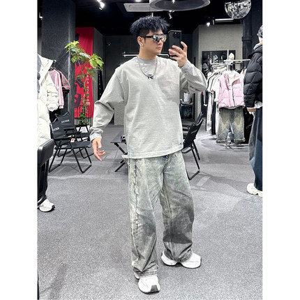 2026春季潮牌全棉重磅长袖T恤男ins美式复古磨破宽松青年帅气卫衣