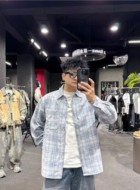 2026春季新款美式复古格子衬衫男青年长袖宽松休闲风做旧外套上衣