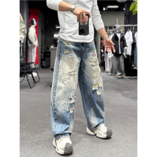 街头破洞牛仔裤 痞帅复古长裤 男女同款 潮牌做旧水洗阔腿裤 个性 美式