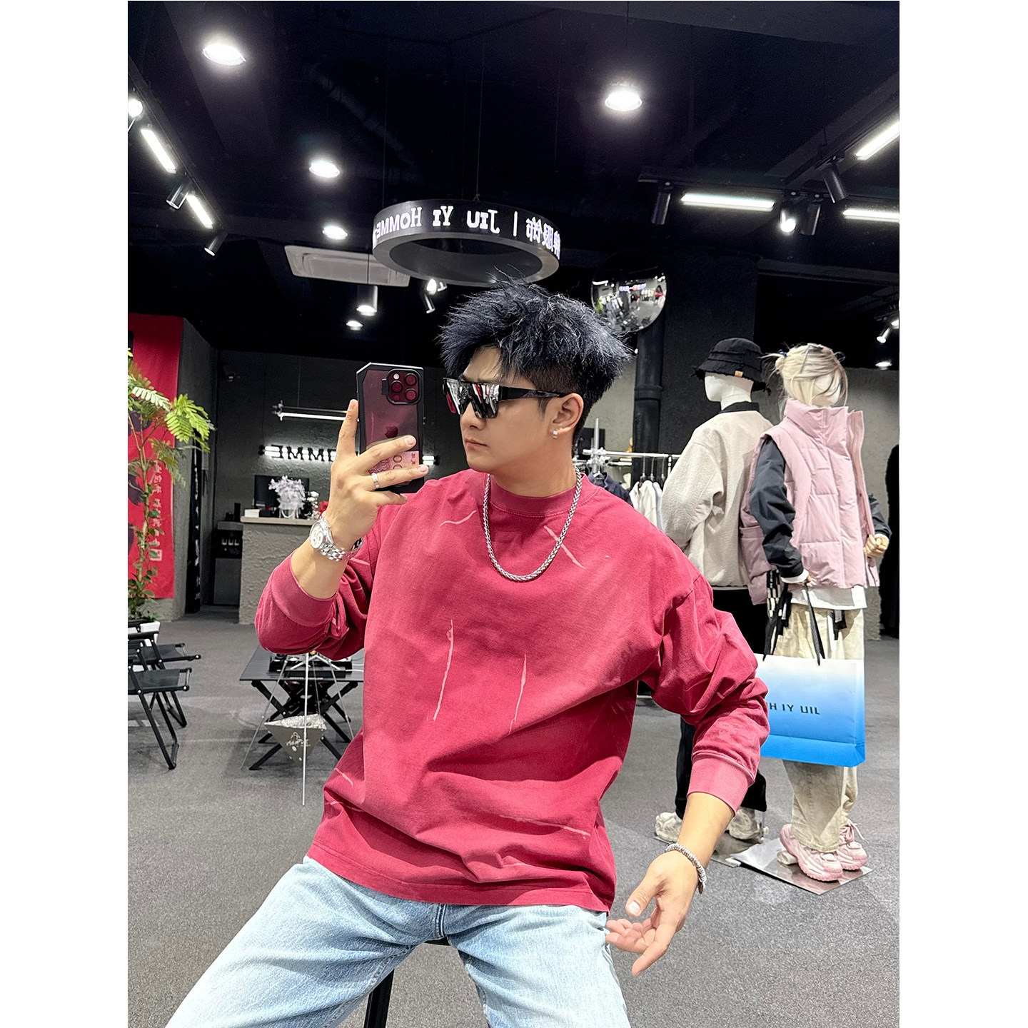 新款潮牌设计感中性风美式长袖T恤男女通用落肩印花圆领休闲上衣
