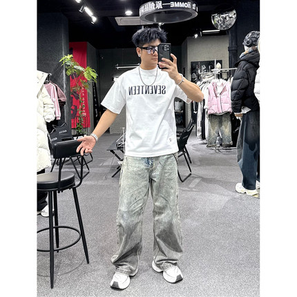 26春季新款潮牌美式字母印花短袖T恤男全棉重磅宽松痞帅圆领半袖